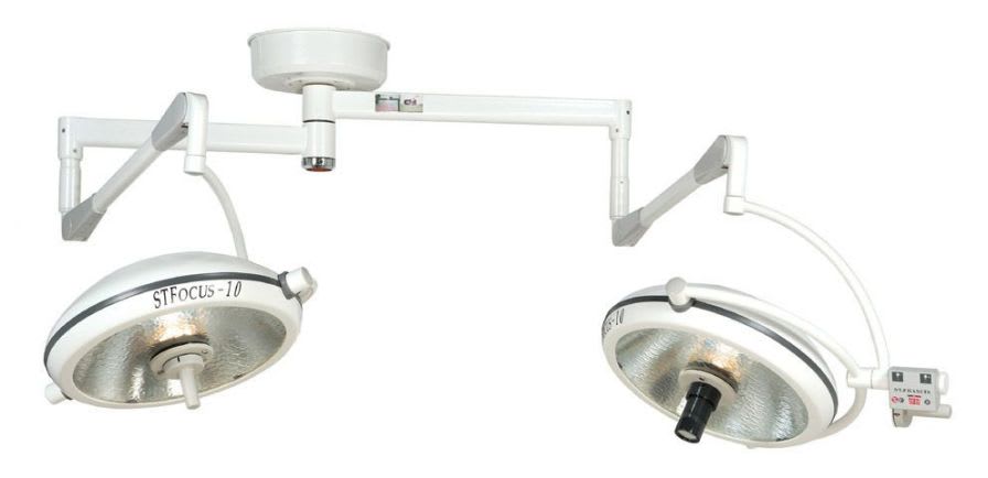 Halogen surgical light / with video camera / ceiling-mounted / 2-arm STFOCUS-10DC St. Francis Medical Equipment