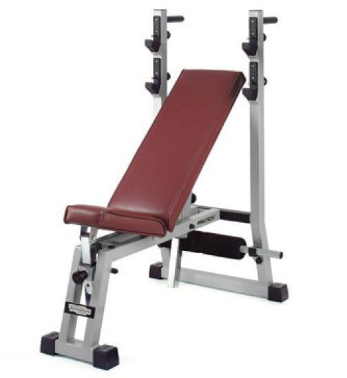Weight training bench (weight training) / traditional / adjustable / with barbell rack Pratica Technogym