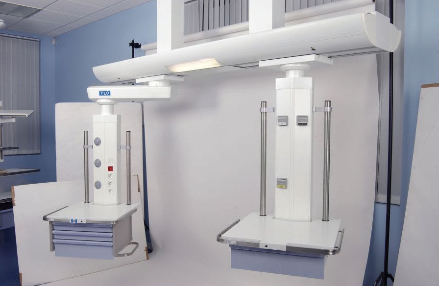 Ceiling-mounted supply beam system / with column / with shelves U-CARE TLV Healthcare